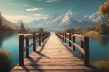 Beautiful empty wooden bridge over a lake with mountains, trees and a blue sky, generative ai
