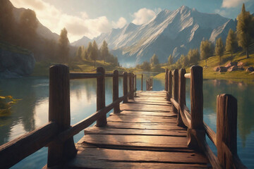 Beautiful empty wooden bridge over a lake with mountains, trees and a blue sky, generative ai
