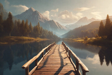Beautiful empty wooden bridge over a lake with mountains, trees and a blue sky, generative ai
