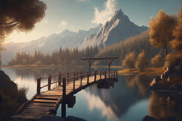 Beautiful empty wooden bridge over a lake with mountains, trees and a blue sky, generative ai
