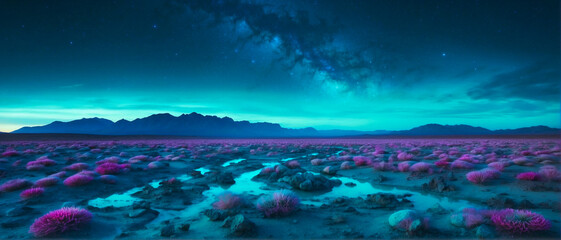 Fototapeta na wymiar Wide-angle panorama of a twilight landscape on an alien planet with bioluminescent vegetation against a backdrop of mountains and a beautiful sky.