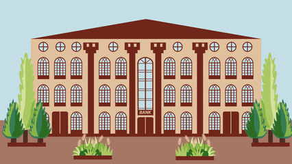 Bank in an old house on the street in the shade of trees. Bank building in the ancient center of a European city. Illustration in a flat style. City landscape of urban infrastructure