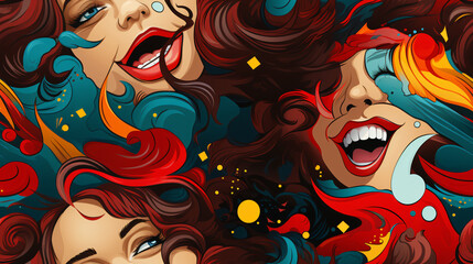 Seamless pattern in a trendy pop art style. Retro comics face youthful female anime-style characters.