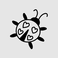 Cute ladybug with little hearts in doodle style. Vector illustration on a white background