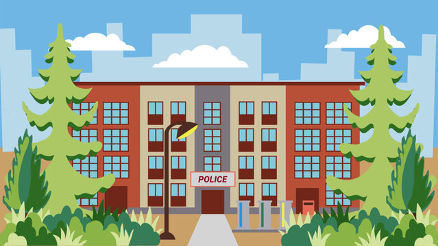 illustration of a street with a police building in a flat style