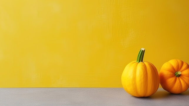 Acorn Squash with Copy Space Yellow Background Selective Focus