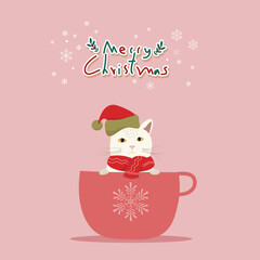 A cute chubby cat sitting in sweet coffee cup on soft pink background. Vector illustration for Christmas celebration concept