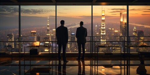 business partners stand in front of a large panoramic window