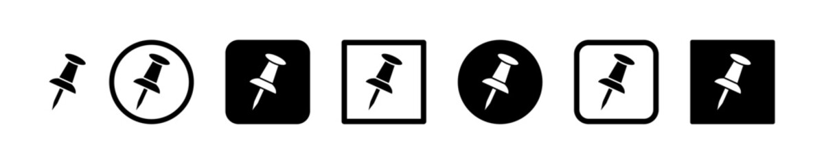 Set of push pin vector icons. Black thumbtack or paperclip icon. Location or pointer on map. Vector 10 Eps.