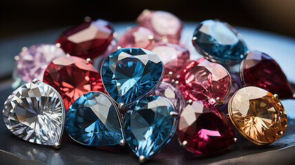 Loose Diamonds in All Shapes and Colours Round-Cushion-Asscher-Teardrop-Pear and Heart Shape etc on Blurry Background