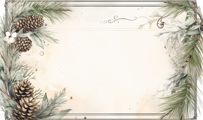 Beautiful framed page with a vintage Christmas theme and pine branches and pine cones in light green and cream style. Free space for text or Christmas card.