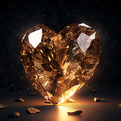 gold heart in a gold crystal on a black background ultra realistic created with Generative Ai