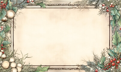 Beautiful vintage Christmas themed border page in winter green beige and cream style with pine branches and red berries. Ornate Merry Christmas greeting cards.