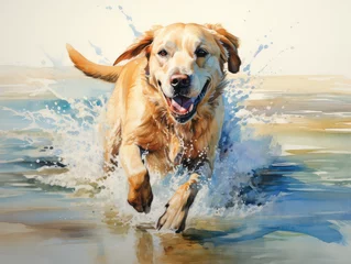 Foto op Plexiglas Cozy Watercolor Labrador Dog Running In Water Hunting Painting © GeertJan