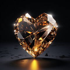 gold heart in a gold crystal on a black background ultra realistic created with Generative Ai