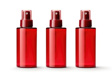 red plastic spray bottles mockup, small liquid containers with atomizer pump, white background