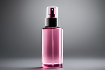 pink plastic spray bottle mockup, small liquid container with atomizer pump, grey background
