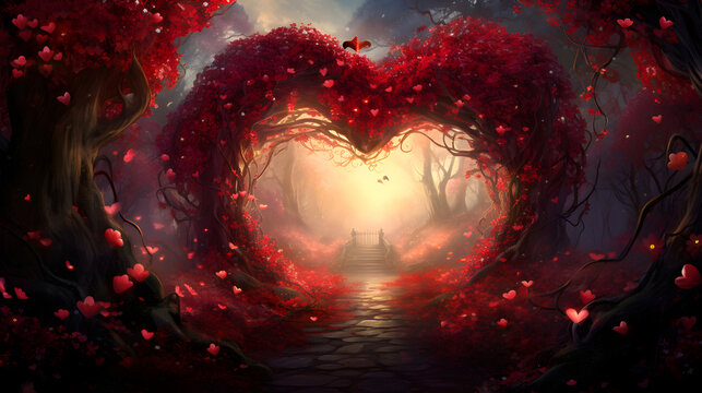An enchanted garden covered with red flowers and heart-shaped roses, a magical Valentine's scene.