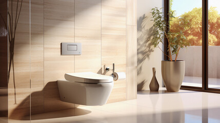 Fototapeta premium A Wall-Hung Toilet in a Modern Minimalist Bathroom Setting