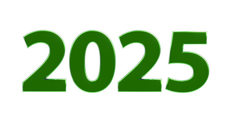 2025 plakative metallische gr&uuml;ne 3D-Schrift, Jahreszahl, Kalender, Perspektive, Nummer, Jubil&auml;um, Neujahr, Jahreswechsel, Freisteller, Alphakanal