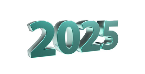 2025 plakative metallische 3D-Schrift, türkis, Jahreszahl, Kalender, Perspektive, Nummer, Jubiläum, Neujahr, Jahreswechsel, Freisteller, Alphakanal