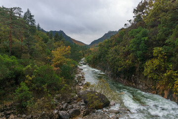 Mountain river with much water during autumn time, Peneda-Geres National Park, Vilar da Veiga, Portugal