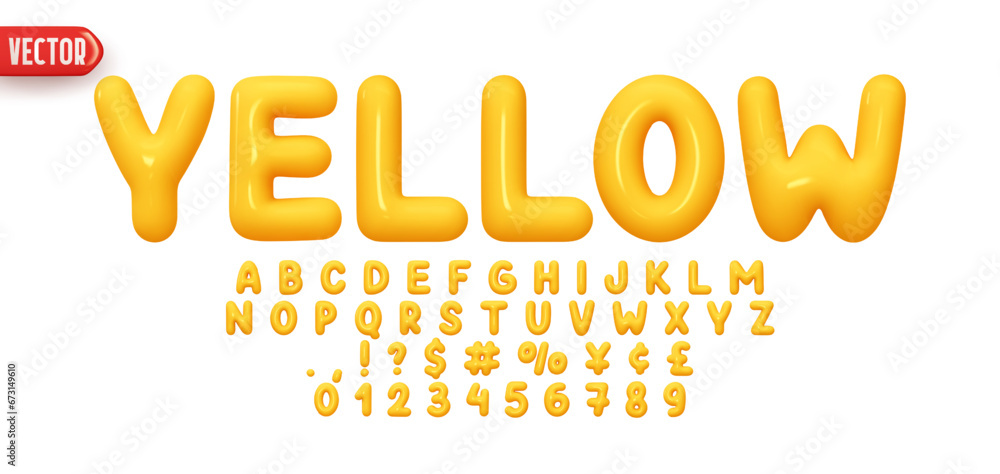 Poster Yellow Font realistic 3d design. Complete alphabet and numbers from 0 to 9. Collection Glossy letters in cartoon style. Fonts voluminous inflated from balloon. Vector illustration