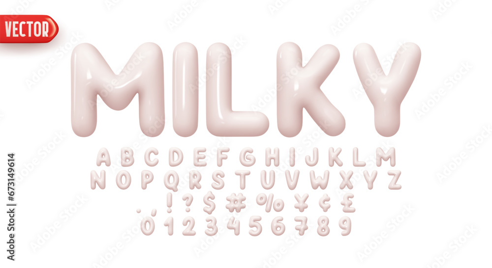 Poster Font realistic 3d design, milky colors. Complete alphabet and numbers from 0 to 9. Collection Glossy letters in cartoon style. Fonts voluminous inflated from balloon. Vector illustration