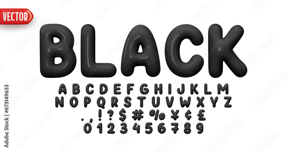 Poster Font realistic 3d design, black colors. Complete alphabet and numbers from 0 to 9. Collection Glossy letters in cartoon style. Fonts voluminous inflated from balloon. Vector illustration