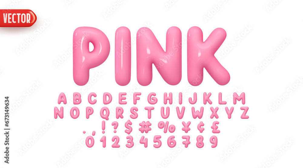 Fototapete pink font realistic 3d design. complete alphabet and numbers from 0 to 9. collection glossy letters 