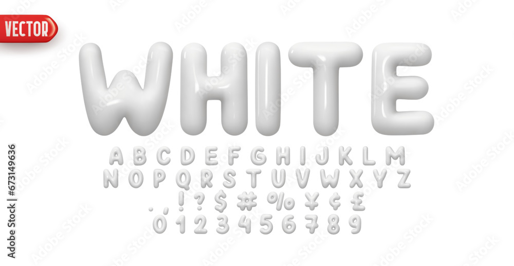 Fototapete white font realistic 3d design. complete alphabet and numbers from 0 to 9. collection glossy letters