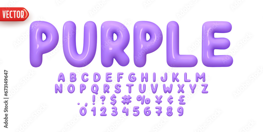Poster Purple Font realistic 3d design. Complete alphabet and numbers from 0 to 9. Collection Glossy letters in cartoon style. Fonts voluminous inflated from balloon. Vector illustration