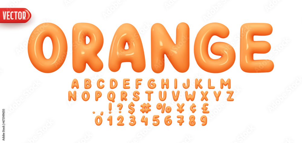 Aufkleber Font realistic 3d design, orange colors. Complete alphabet and numbers from 0 to 9. Collection Glossy letters in cartoon style. Fonts voluminous inflated from balloon. Vector illustration
