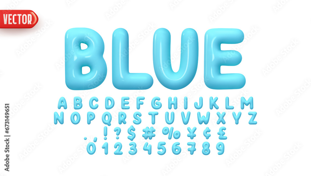 Aufkleber Blue Font realistic 3d design. Complete alphabet and numbers from 0 to 9. Collection Glossy letters in cartoon style. Fonts voluminous inflated from balloon. Vector illustration