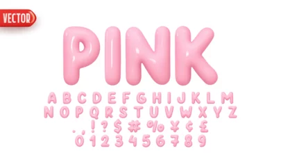 Font realistic 3d design, pink colors. Complete alphabet and numbers from 0 to 9. Collection Glossy letters in cartoon style. Fonts voluminous inflated from balloon. Vector illustration © lauritta