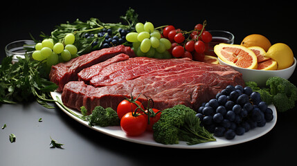 Fresh Beef Vegetables and Fruits on Selective Focus Background