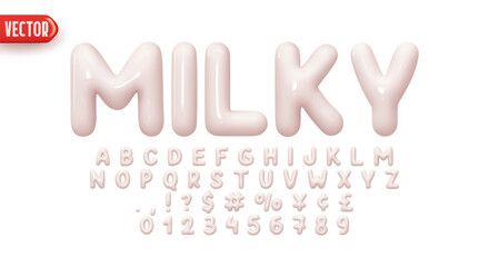 Font realistic 3d design, milky colors. Complete alphabet and numbers from 0 to 9. Collection Glossy letters in cartoon style. Fonts voluminous inflated from balloon. Vector illustration - obrazy, fototapety, plakaty