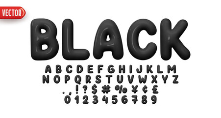 Font realistic 3d design, black colors. Complete alphabet and numbers from 0 to 9. Collection Glossy letters in cartoon style. Fonts voluminous inflated from balloon. Vector illustration