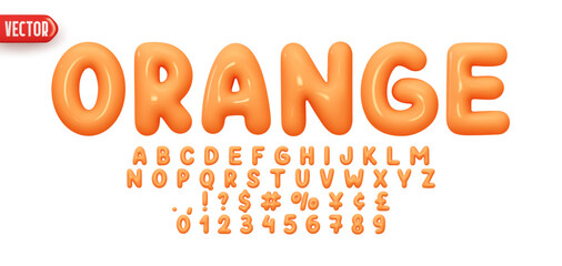 Font realistic 3d design, orange colors. Complete alphabet and numbers from 0 to 9. Collection Glossy letters in cartoon style. Fonts voluminous inflated from balloon. Vector illustration
