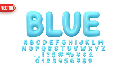 Blue Font realistic 3d design. Complete alphabet and numbers from 0 to 9. Collection Glossy letters in cartoon style. Fonts voluminous inflated from balloon. Vector illustration