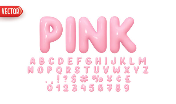 Font realistic 3d design, pink colors. Complete alphabet and numbers from 0 to 9. Collection Glossy letters in cartoon style. Fonts voluminous inflated from balloon. Vector illustration