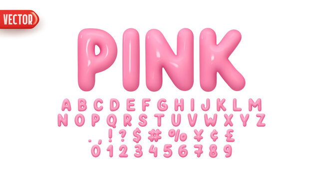 Pink Font realistic 3d design. Complete alphabet and numbers from 0 to 9. Collection Glossy letters in cartoon style. Fonts voluminous inflated from balloon. Vector illustration