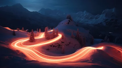 Foto op Canvas  Aerial view of snowy forest with a road, a road winding through the snowy mountains at night © Planetz