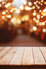 Empty wooden table against beautifully decorated Christmas fair at night with a warm, joyful atmosphere. Mockup table with defocused Christmas market in lights at night