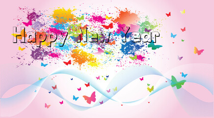 Happy New Year 2023. Logo icon design. Background. Colorful paint drops ink splashes. Vector illustration.
