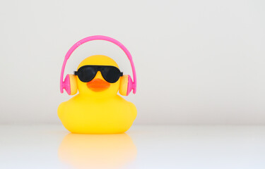 Cool hip little yellow rubber duck with black sunglasses and pink headphones listening to music, copy space on the right, be cool, be smart, be hip, music concept.