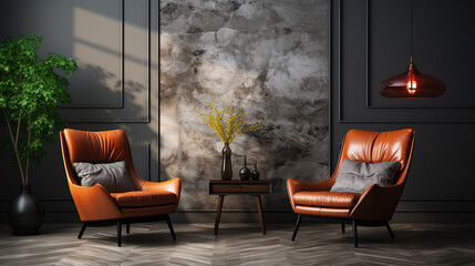 Two Luxury Brown Leather Chairs in Living Room Selective Focus Interior Background