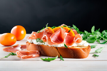 Bruschetta with ham and apricot and cherry tomatoes. Generative AI