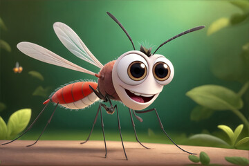 Adorable 3d rendered cute happy smiling and joyful insect mosquito cartoon character - obrazy, fototapety, plakaty