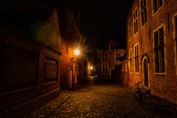 Fototapeta na wymiar residential student houses in the Groot Begijnhof historic district of Leuven at night with streetlamp light. Atmospheric street photography showing old stone roads with pretty red brick buildings